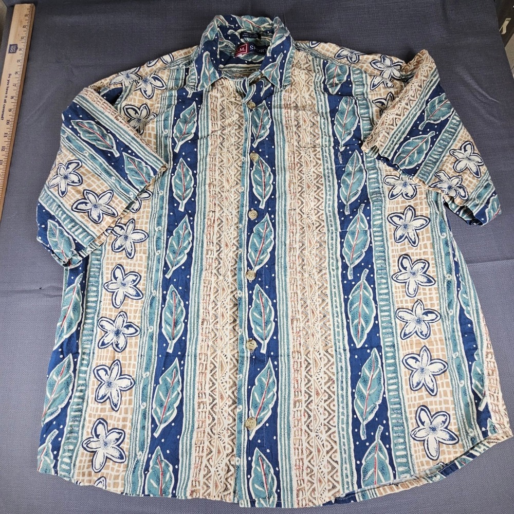C.M. Sport Mens Floral Leaf Print Button Up Shirt - Short Sleeve Blue Beige